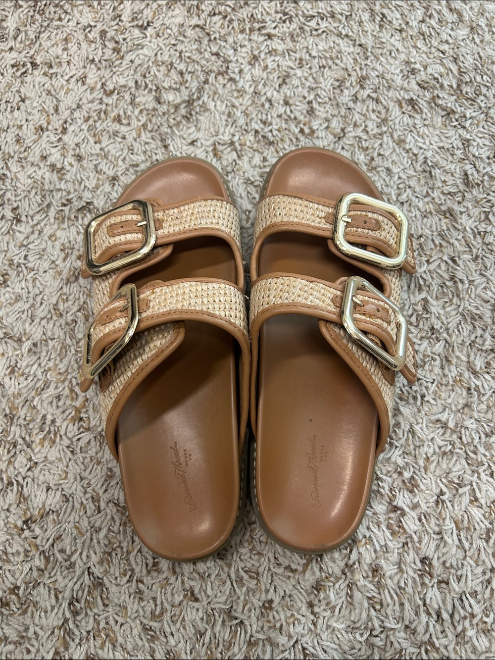 Tan Woven Double-Buckle Slide Sandals